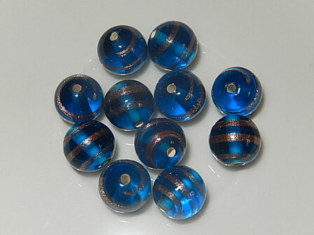 B4119 Glaskraal azuurblauw met goudaccenten rond 10 mm