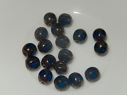 B4102 Glaskraal azuurblauw met goudaccenten rond 6 mm