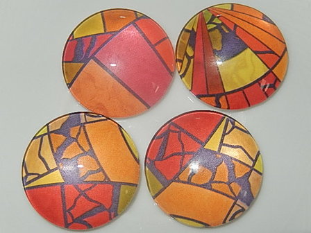 CBG201R25 Glas cabochon 1 st diverse grafische motieven in de kleuren rood, geel, oranje en paars